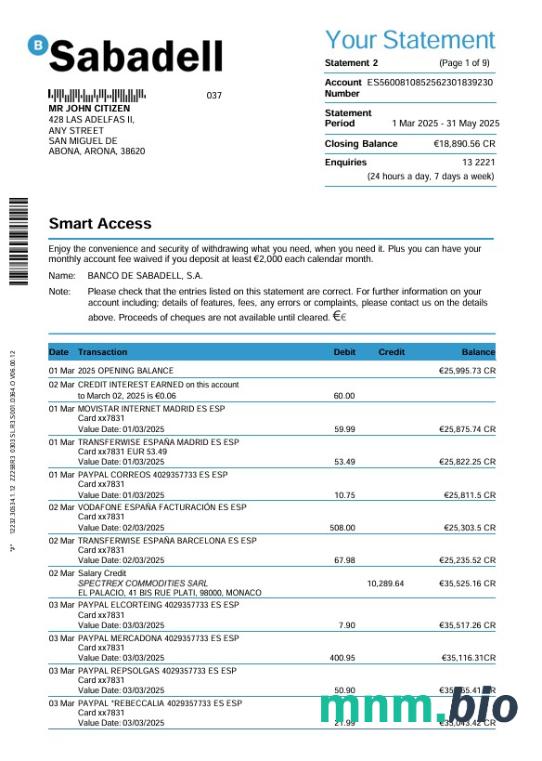 Hiszpania jmmb wyciąg bankowy słowo i szablon PDF, 2 strony